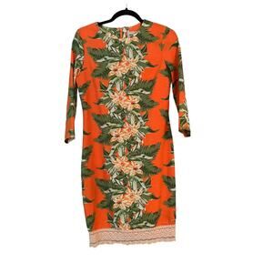 ASOS Bright Orange Floral Print Dress 3/4 Sleeve Size 6 Hawaiian Look Lace Hem